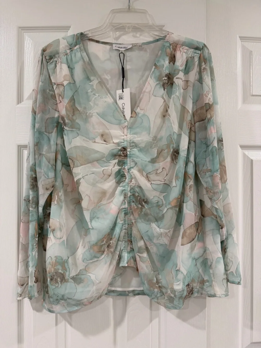 Calvin Klein Sheer Aqua Floral Ruched V-Neck Blouse - Picture 1 of 7